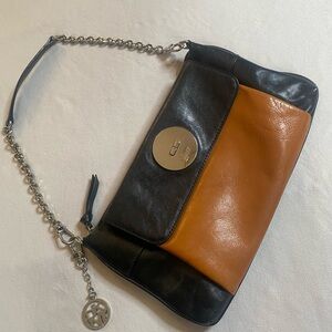 Vintage DKNY Leather Colorblock Handbag Black Cognac Y2K Convertible Clutch